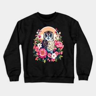 A Cute Short Eared Owl Surrounded by Bold Vibrant Spring Flowers Crewneck Sweatshirt